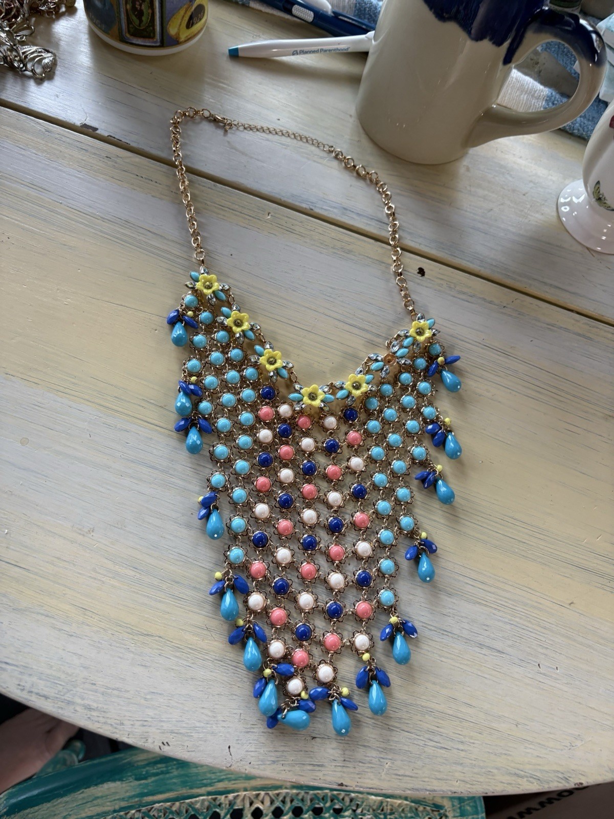 Multicolor Beaded Statement Bib Necklace with Tea… - image 2