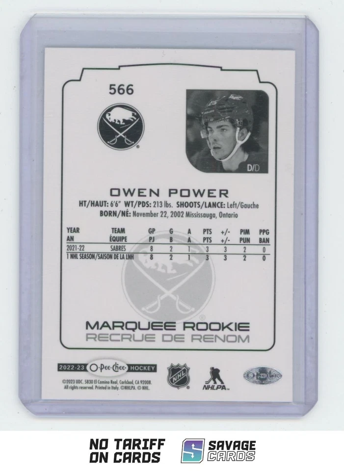 2022-23 O-Pee-Chee Rainbow Marquee Rookies Owen Power /350 #566 Buffalo Sabres - Image 2 of 3