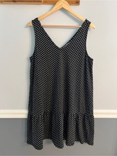 Loft Polka Dot Sleeveless Ruffle Hem Shift Dress Black White Size Large