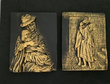vintage terracotta wall plaques latin folk art pair 5.25x4.25 gold finish