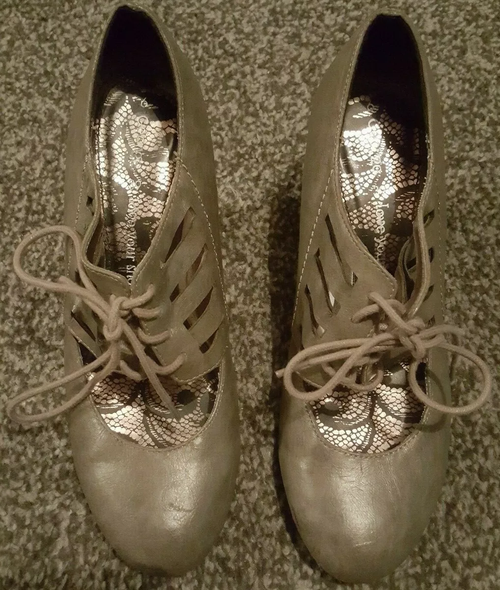 GREY LACE UP FRONT COURT SHOES UK 6 3.5 INCH BLOCK HEEL