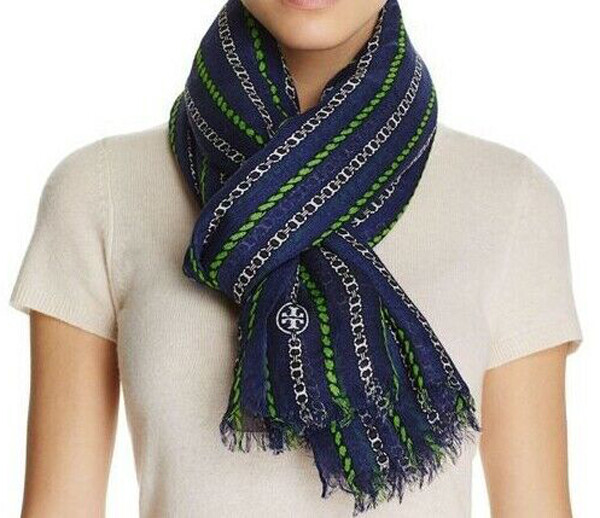 TORY BURCH★Gemini Link Rope オーバーサイズスカーフ 157425 New Womens Tory Burch Navy Sea Linen Blend Gemini Link Rope