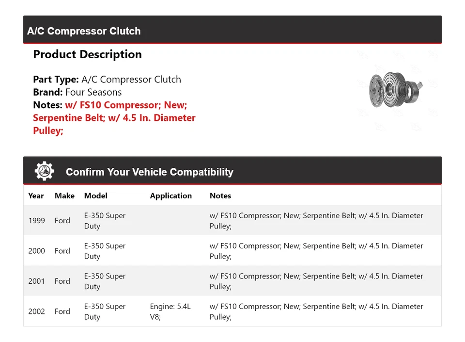 Embrague compresor aire acondicionado Ford E-350 Super Duty 1999-2002 4 estaciones 2000 2001 Foto 2 de 4