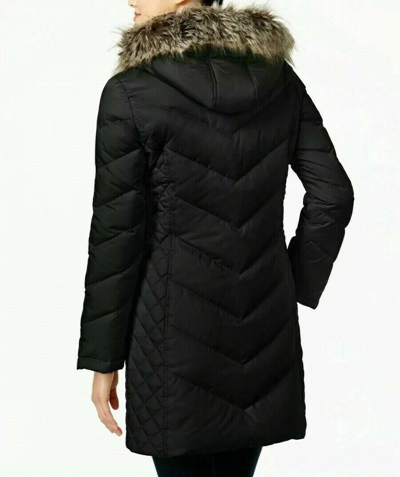 Kenneth Cole Hooded Faux-Fur-Trim Down Chevron Puffer Coat, Black Size S - Image 4 of 4
