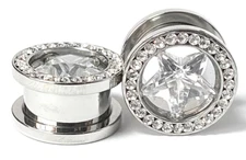 PAIR Surgical Steel Star CZ Gem Screw Fit Tunnels Plugs  Gauges - Only 9/16 Left