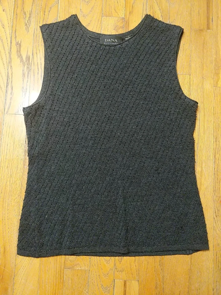 DANA BUCHMAN Black Sequin Beaded Wool Tank Set Dressy Womans Size Large  - Imagem 3 de 4