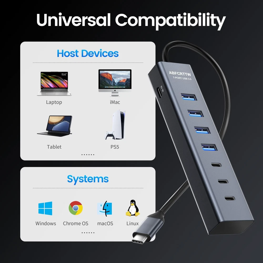 USB to USB Hub Multiport Adapter, Aluminium 7-Port USB Hub Multiport Adapter,...