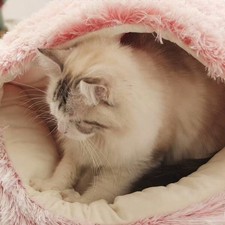 Pink Plush Cat Bed Round Warm Cushion Thick Pet Sleep Nest for Small Cat 40CM