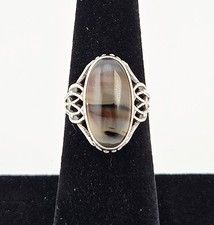 VTG Sterling Silver Banded Agate Ring Size 5.5 Oval Gemstone Filigree - 3.0g