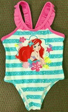 Disney Baby Little Mermaid Ariel 18M One Piece Swimsuit Aqua Stripe Ruffle EUC
