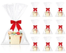 10 Set 5.5inch Wooden Gift Baskets Imitation Jute Bows Clear Treat Bags Set f...