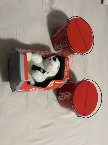 Vintage 1993 Coca-Cola 7” Polar Bear Plush Collection 2 Coca Cola Tin Cans Coke