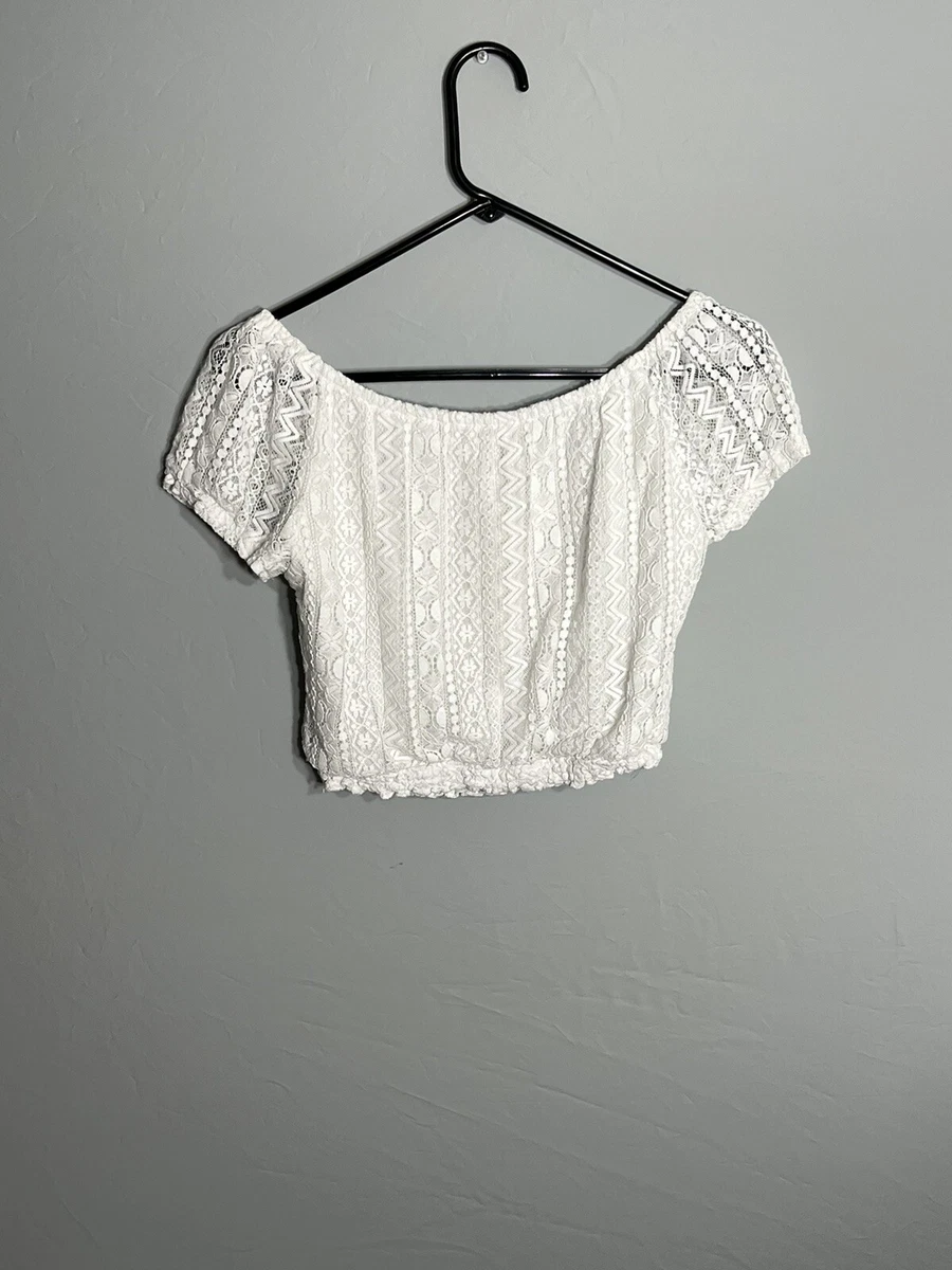 Hollister Crop Top Lace Shirt White Off Shoulder Neck Pullover RN#75654