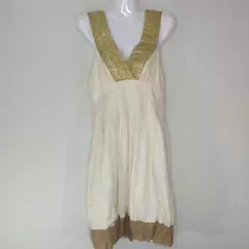 Nicole Miller Collection Cream Gold & Brown Silk Sleeveless V-Neck Dress Size 4