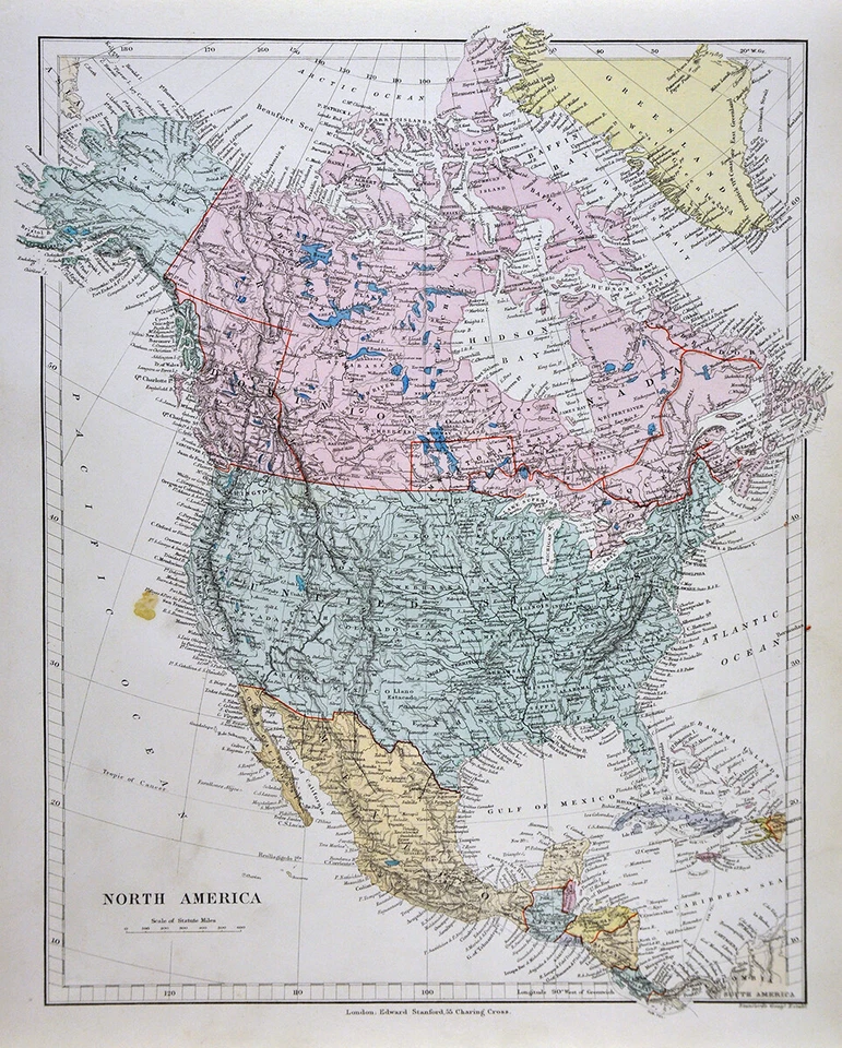 1885 Stanford Map North America United Sates Canada Mexico Alaska Cuba Antique - Image 2 of 4