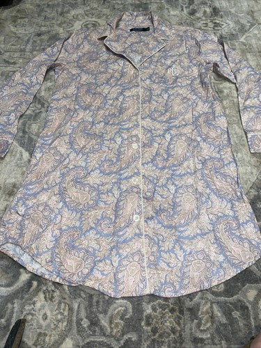Ralph Lauren Pink Blue Purple Paisley Cotton Blend Sleep Shirt Gown Size Medium - Picture 2 of 6