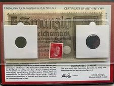 World War II CERTIFIED Two German Coins 1,10 Rp & 20 Reichsmark Bill & Stamp 