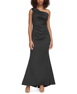 Eliza J Women's Asymmetric-Neck Side-Pleat Scuba Gown Black