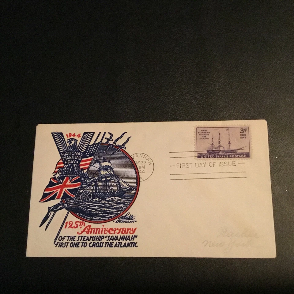 FDC 1944 #923-5 STAEHLE CACHET THERMOGRAPHY 125th ANNIVERSARY STEAMSHIP SAVANNAH - Image 2 of 3