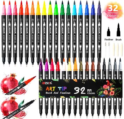 ZSCM 32 Colors Duo Tip Brush Markers Art Pen Set, Artist Fine and Brush Tip Colo