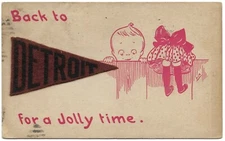 1916 Antique Postcard Felt Pennant Flag Detroit Jolly Time PIM Michigan MI 