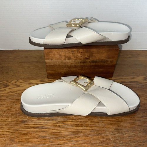 Schutz Women's Leather Crossband Slide Sandals Enola Pearl Gold Buckle Sz 10.5B - Bild 4 von 11