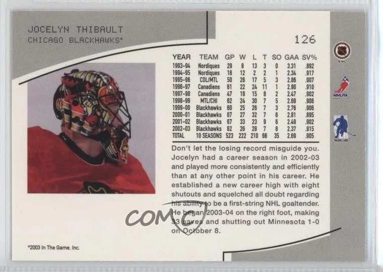 2003-04 ITG Be A Player Memorabilia Jocelyn Thibault #126 - Image 2 of 2