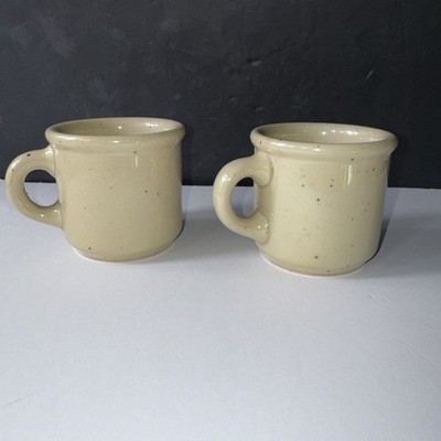 Vintage Galaxy Pottery Speckled Stoneware Coffee Mugs Tan Rustic USA 2pc Set