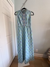 Vintage 1970s Mod Maxi Dress Blue Psychedelic Folk Print Hostess Gown Sleeveless