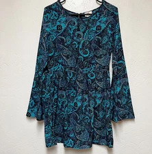 One Clothing Womens Bohemian Short Dress Bell Sleeves Size Large Turquoise Tunic