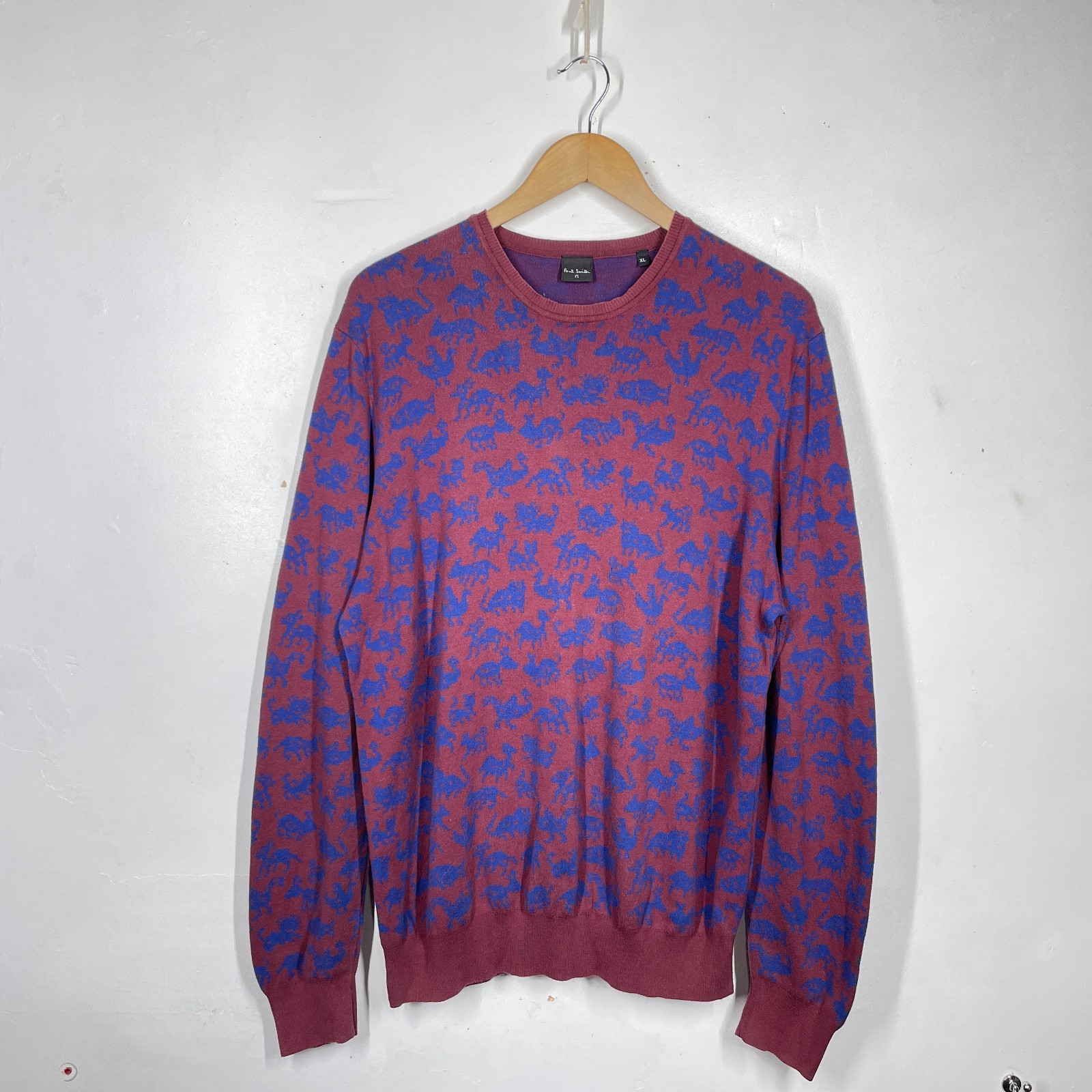 Paul Smith Jumper Mens XL Burgundy Blue Animal Print Pullover Cotton Crew Neck