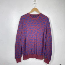 Paul Smith Jumper Mens XL Burgundy Blue Animal Print Pullover Cotton Crew Neck