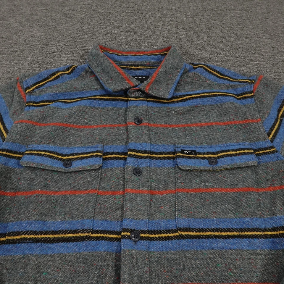 Camisa RVCA Para Hombre Gris Mediana Rayas Mezcla Lana Franela Manga Larga Botón Delantero Foto 2 de 4