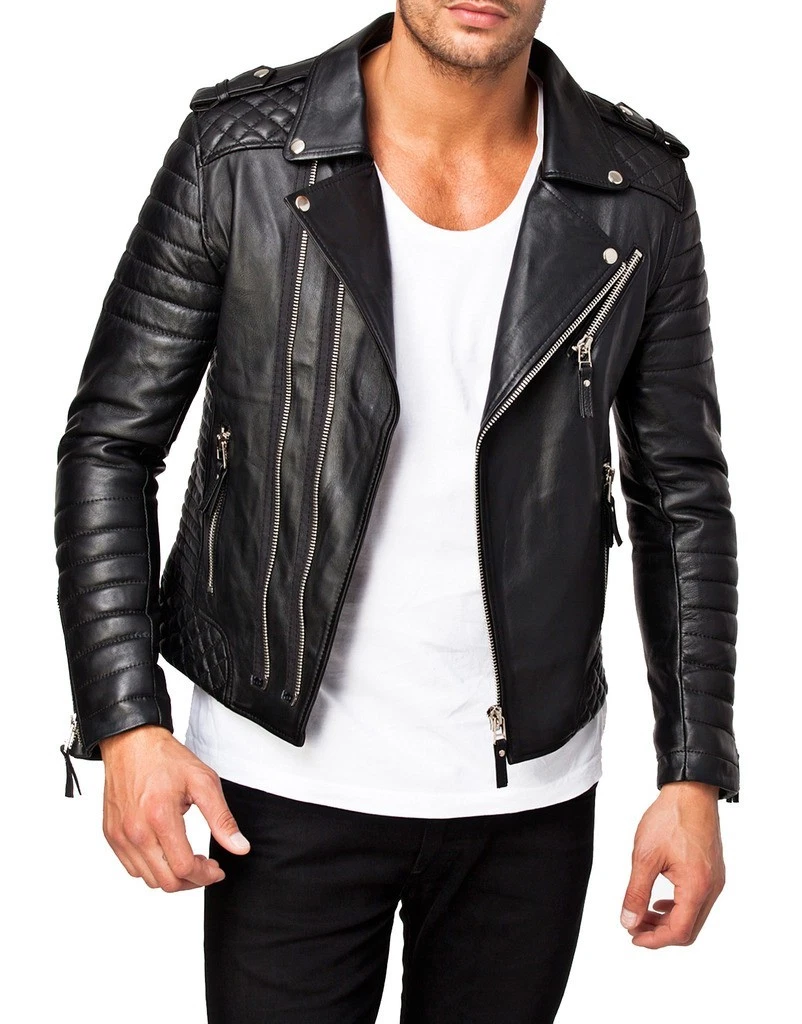 Men's Leather Black Motorcycle Genuine Jacket Racer Bomber Mens Real Biker Racer
