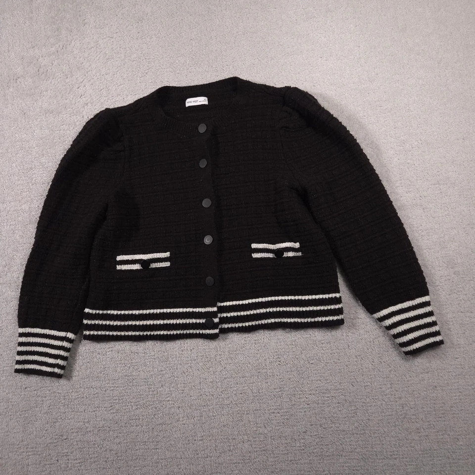 Suéter Nine West para Mujer XL Negro Botón Frontal Cárdigan Rayas Dobladillo Puños Tejido Foto 2 de 4