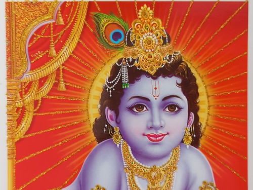 Bal Krishna Hindu God Glossy Picture Approx. 12.9 x 18 cm Gold Glitter Finish - Picture 2 of 3