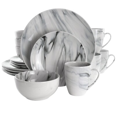 Elama Fine Marble 16 Pc Stoneware Dinnerware Set in Black and White