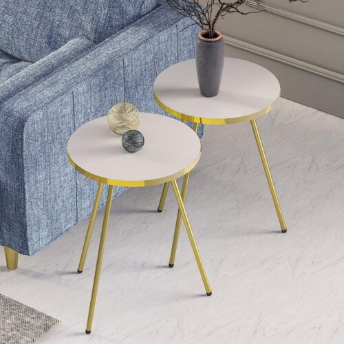 Set of 2 END Tables Marble Look Wood Round Sofa Side Table for Small Spaces - Picture 70 of 73