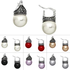 Vintage Glass Pearl Drop Earrings with Hematite Crystal, Rhodium Plated