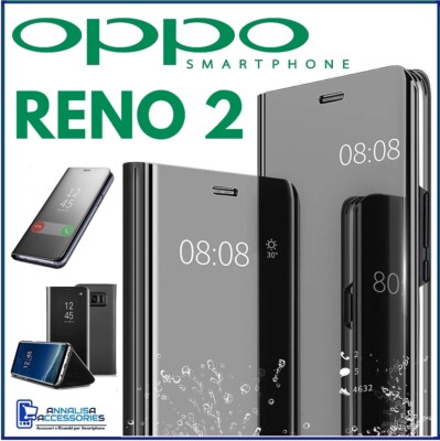 Cover Kippen Für OPPO RENO 2 Schutzhülle Buch Schwarz A Spiegel Clear View Shell