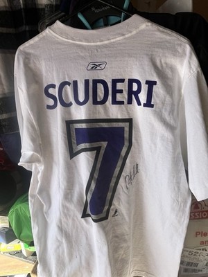 Reebok Los Angeles Kings Scuderi #7 Autographed NHL T-Shirt White Purple Silver