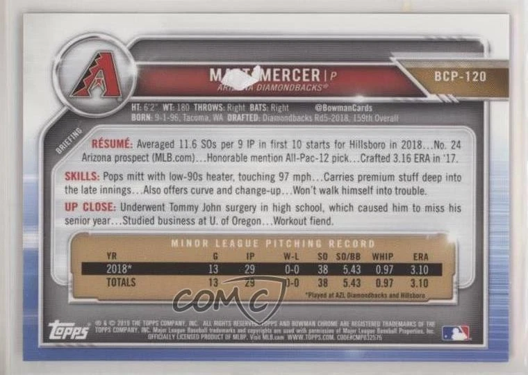 2019 Bowman Chrome Prospects Orange Refractor /25 Matt Mercer #BCP-120 - Image 2 of 2