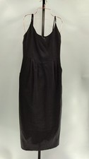 Quince Women 100% European Linen Scoop Neck Midi Dress Black Basic Sleeved XS
