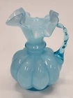 Fenton Blue Cased Glass Melon Pitcher Vase Crimped Ruffle Edge & Handle Vintage