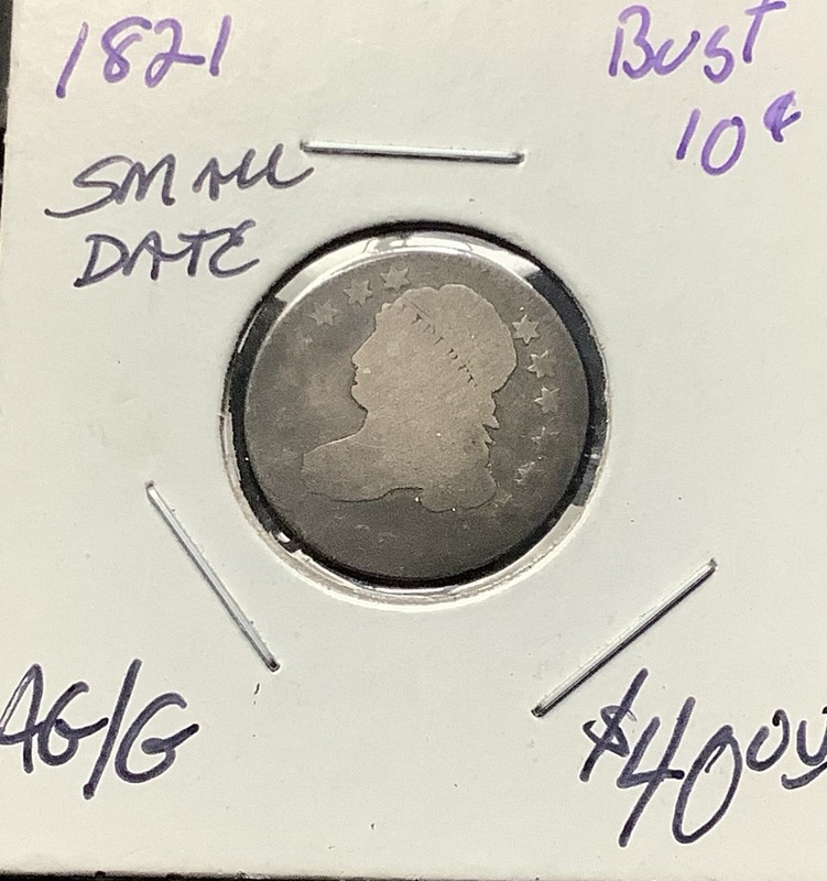 1821 Capped Bust Dime Small Date AG/G - Crusty Toned Original Surfaces