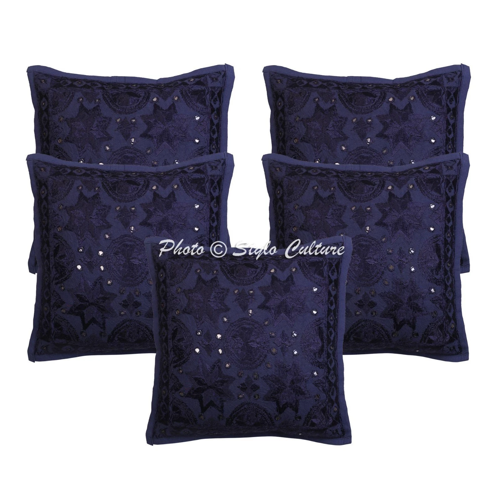 Indian Cotton Throw Pillow Covers Embroidered Blue Mirror Star Moon Home Decor