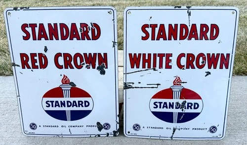 (2) Vintage 1954 Standard Oil Red Crown & White Crown Porcelain Gas Pump Signs