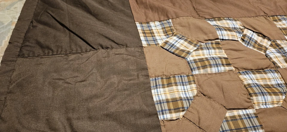 Rustic Plaid Patchwork Quilt - Brown & Blue Cozy Throw 61x43" - Image 4 of 4