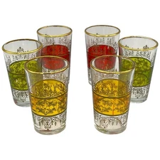 Vtg Moroccan Tea Glasses Set of 6 Gold Filigree Accents Green Yellow Red 3 1/2”