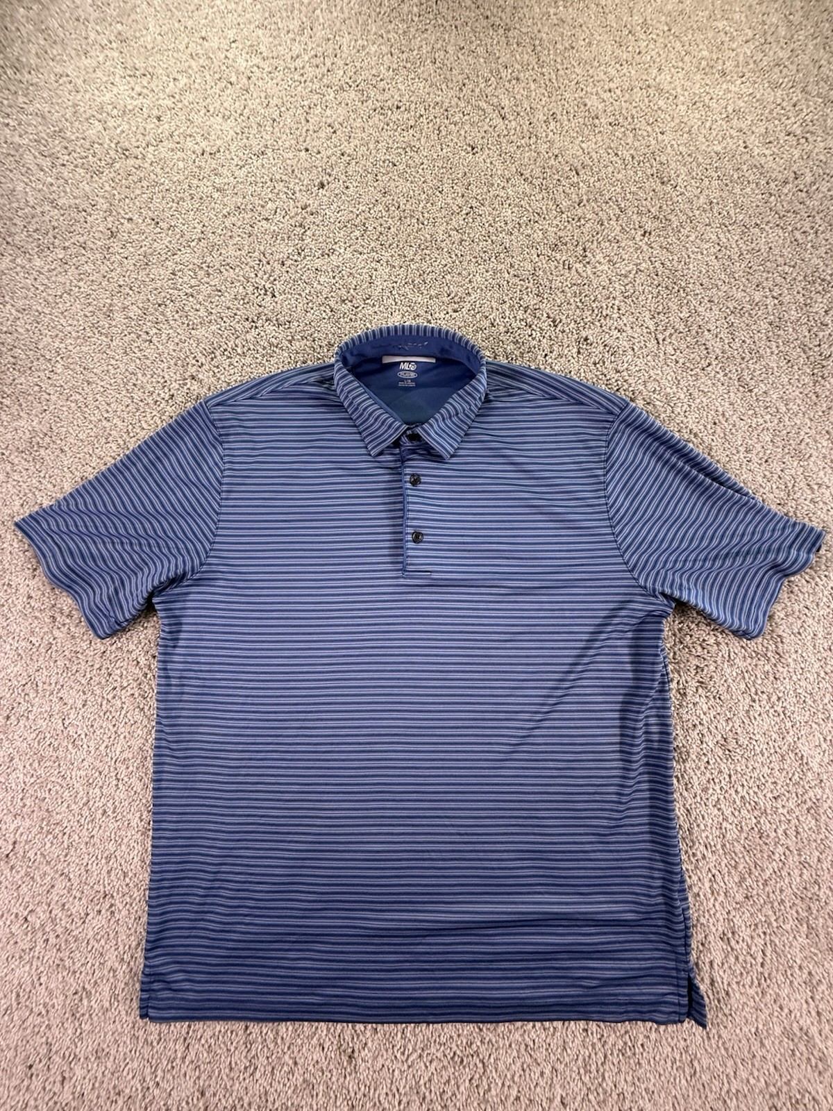 Greg Norman PlayDry Navy Blue Striped Polo Shirt 100% Polyester Wicking Large
